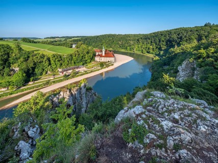 View of the Danube and Weltenburg Abbey at the Danube Breakthrough, Danube Valley near Kelheim,