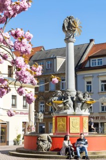 Old market fountain on the old market square in Oschatz, Saxony, Germany