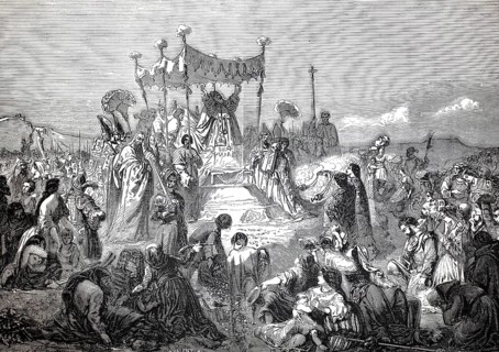 Scene shows Pope Sixtus V, Sixtus Quintus blessing the draining of the Pontine Marshes in Italy.