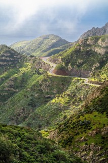 Landscape in the south-east of La Gomera near Vegaipala. Mountain slopes with palm trees and