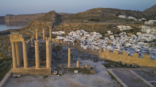 Drone shot, first morning light, Lindos, Acropolis of Lindos, Temple of Athena Lindia, Historical