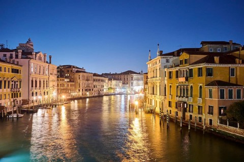 View on 'Canal Grande' at 'Ponte dell'Accademia' bridge in Venice by night in winter, Italy
