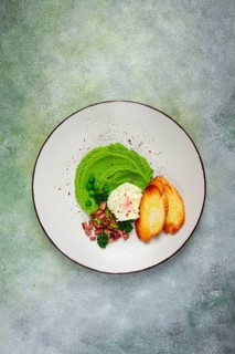 Mashed peas, with boiled egg, fried bacon, toast, baguette, breakfast, homemade, no people