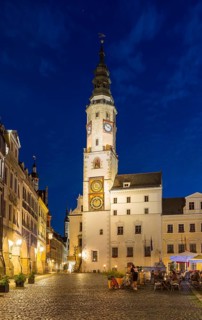 Old town hall and Schönhof with hall houses at Untermarkt by night, Görlitz, Saxony, Germany