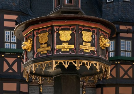 Benefactor fountain in front of the town hall, Wernigerode, Harz, Saxony-Anhalt, Germany