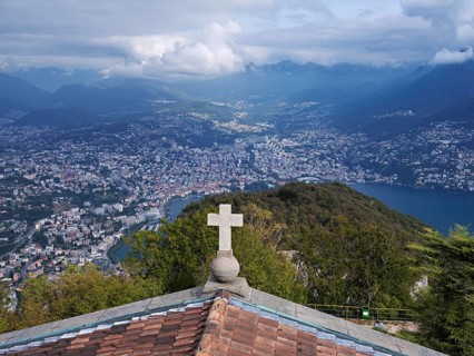 View of Lake Lugano and the city of Lugano from Monte San Salvatore, Canton Ticino, Switzerland