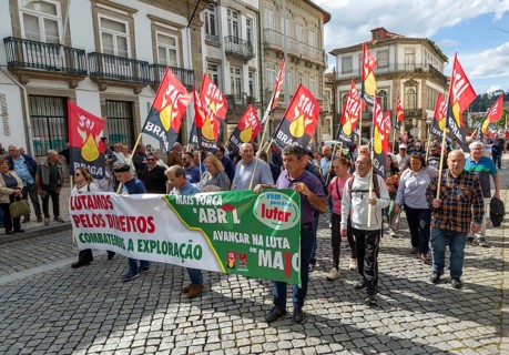 Political rally and march for May Day in city of Guimaraes, Braga district, northern Portugal,