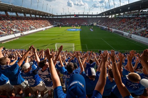 LUBIN, POLAND - AUGUST 17, 2024: Football match Polish PKO Ekstraklasa between KGHM Zaglebie Lubin