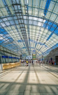 New Leipzig Trade Fair Centre, Leipzig Trade Fair, with glass entrance hall, interior view, trade