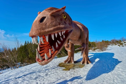 Tyrannosaurus rex, brown dinosaur sculpture with wide open mouth on snow, Triassic Park,