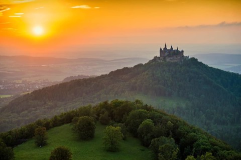 Hohenzollern Castle, sunset, Hechingen, Swabian Alb, Baden-Württemberg, Germany