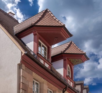 Historic roof lift bay windows on a residential building, Weißgerbergasse 27 and 29, Nuremberg,