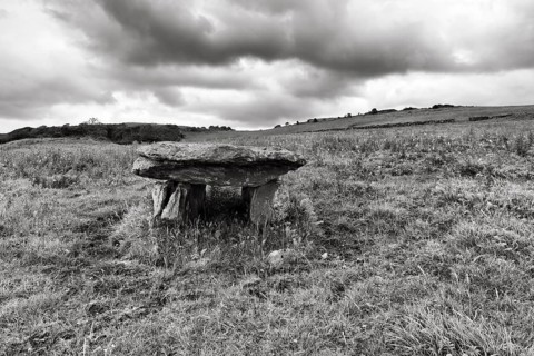 Unknown dolmen in a meadow, monochrome, County Clare, Ireland
