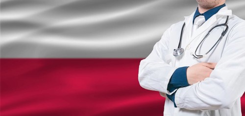 Poland Health and Care concept. Male doctor on Poland flag. Doctor with crossed arms on Poland flag