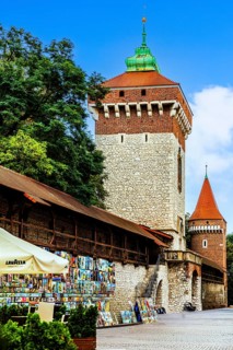 Florian's Gate with city wall and defensive towers, Krakow, Poland