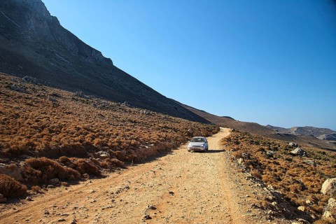 Driveway, single car, morning light, Machia, rock face, Gramvoussa peninsula, Pirate Bay, Balos,