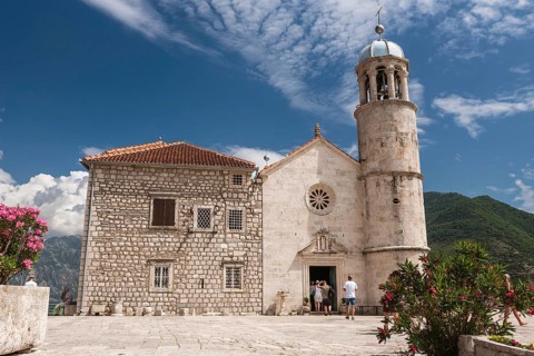 PERAST, MONTENEGRO - JUNE 24, 2019: Church of Our Lady on the Rock on the island of Gospa od