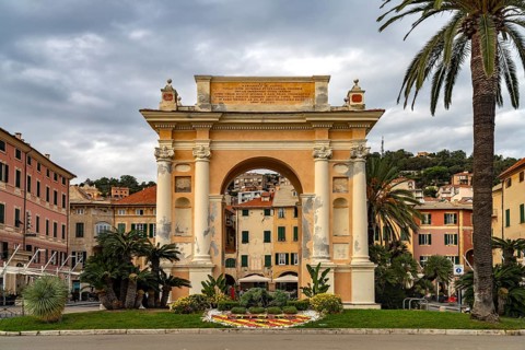 Triumphal Arch in Piazza Vittorio Emanuele II in Finale Ligure, Riviera di Ponente, Liguria, Italy