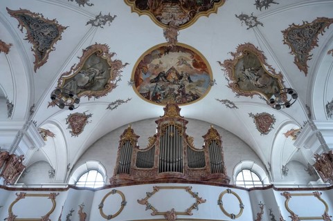 Organ loft in Heilig Kreuz Minster built around 1400, Rottweil, Baden-Württemberg, Germany