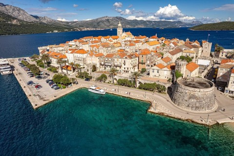 The old town centre of Korcula town seen from the air, Croatia