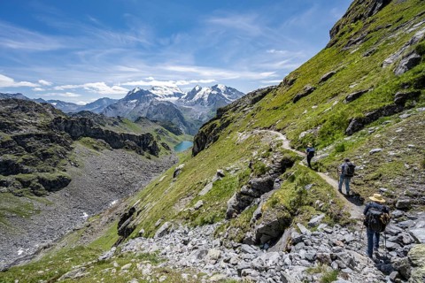 Mountaineer on hiking trail in mountain landscape, descent at Col du Louvie, view of the summit of