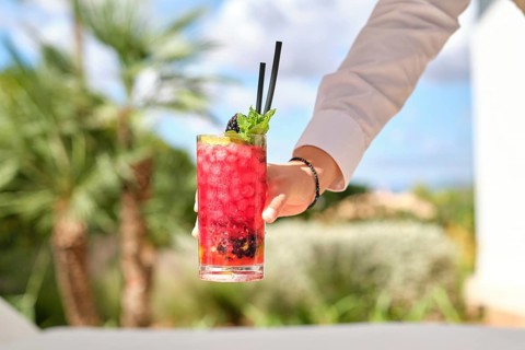 A refreshing berry cocktail with ice, lime, and mint garnish served outdoors. The vibrant drink