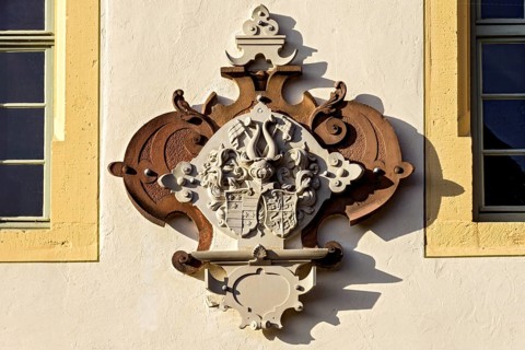 Coat of arms of the Count Erbach-Fürstenau family, Renaissance castle mill on the river Mümling,