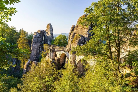 Panoramic view of the Bastei with Neurathen Castle and Wehlgrund, Lilienstein in the background,