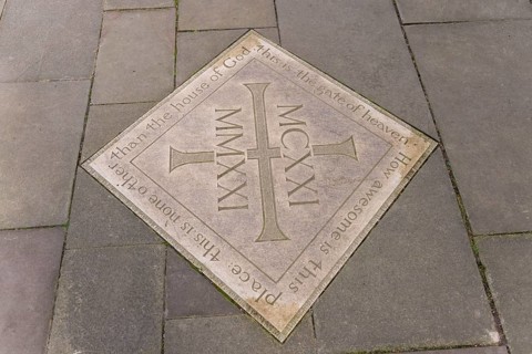 Plaque in the floor in front of the entrance, former abbey church, Tewkesbury, Gloucestershire,