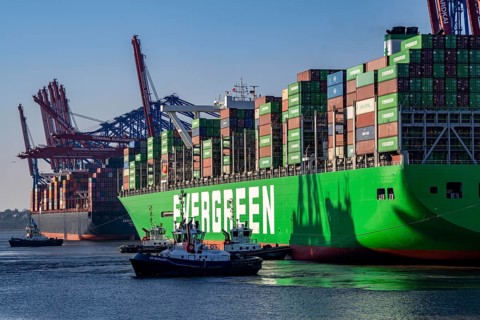 Container ship Ever Gifted, arriving at the port of Hamburg, Waltershofer Hafen, HHLA Container