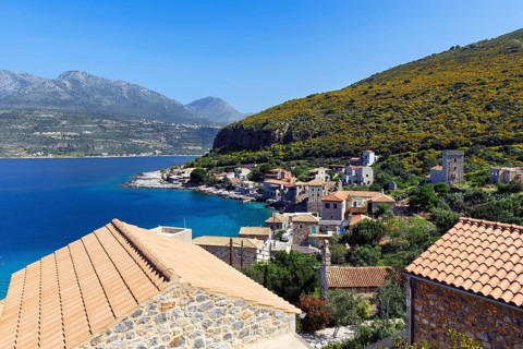Picturesque bay in Limeni, hotels and tavernas, Areopoli, Itylo, Messinian Gulf, Mani, Greece