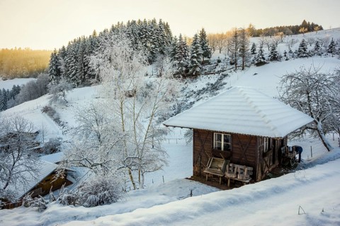 Snowy Black Forest Farm, Oberhamersbach, Black Forest, Baden-Württemberg, Germany