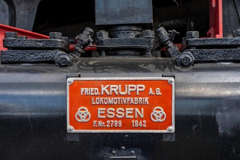 Freight train locomotive 044377-0, built by Krupp in Essen, ring locomotive shed with many historic