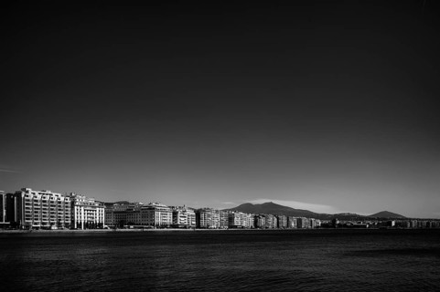 Old harbour, view of waterfront, skyline of Thessaloniki, black and white, Thessaloniki, Macedonia,
