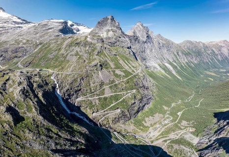 Panoramic aerial view of mountain pass Trollstigen, view over the u-shaped valley, Norway