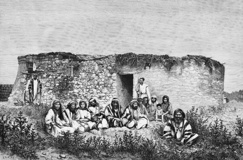 Round house made of fieldstones in Jericho in the Jordan Rift Valley, sabre, headscarf, men, woman,