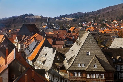 City panorama over the roofs of the old town of Goslar with a view of the Frankenberg church, Lower