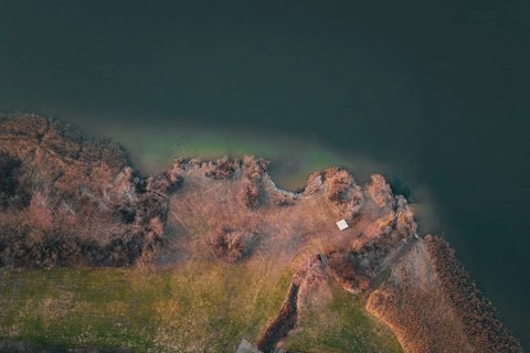 Grassy shore on a quiet lake, surrounded by barren nature in a peaceful atmosphere, Großer Alpsee,