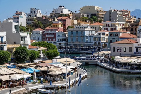 The village of Agios Nikolaos, in the eastern part of Crete, view over Lake Voulismeni, connected