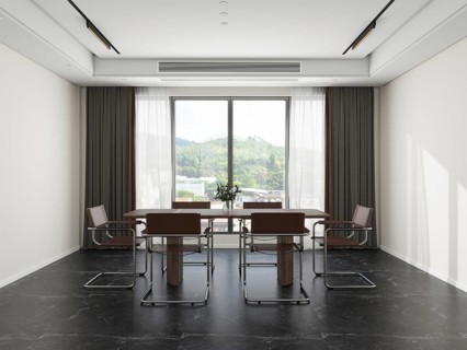 Modern living room featuring sleek metal chairs and a wooden table, enhanced by natural light from