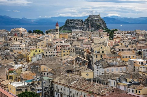 Corfu Town, Corfu, Greece, City overview Corfu Town with the Greek Orthodox Church of Agios