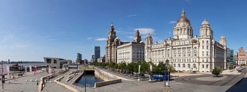 Panorama of historic buildings and landmarks in sunny weather, Liverpool