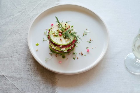 Top view of an artfully arranged gourmet salad featuring stacked slices of radish and cucumber,