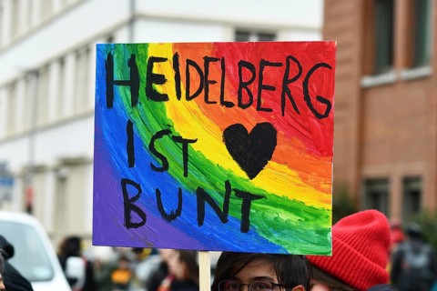 Heidelberg, Germany - February 12th 2025: Sign with text saying 'Heidelberg is colorful' at protest