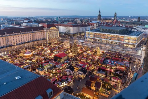 Striezelmarkt Christmas market and the old town from above with castle and cultural palace,