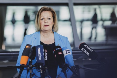 Nancy Faeser (SPD), Federal Minister of the Interior and Home Affairs, speaks to the media in front