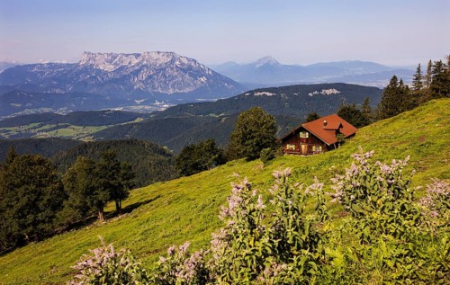 Hiking trail to the Ochsenberg and Eibleck past the Eibleckalm with Untersberg, Osterhorn group,