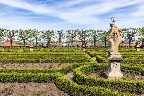Rose garden with box hedges in the New Residence Palace in Bamberg, Bavaria, Germany