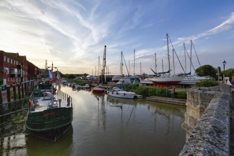 Boats in the harbour, River Stour, small town Sandwich, Kent, Dover, England, Great Britain