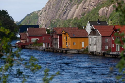 Historical wooden houses in a sleepy village by the river. Summer, Sireåna (Sireåna), Agder, Norway